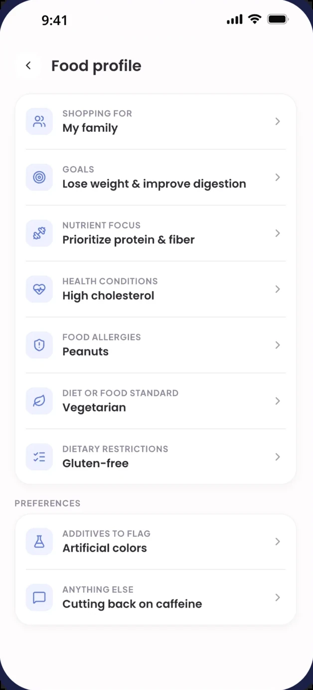 Berry's food profile: shopping for my family, goals to lose weight and improve digestion, a protein and fiber focus, high cholesterol, a peanut allergy, and a vegetarian, gluten-free diet