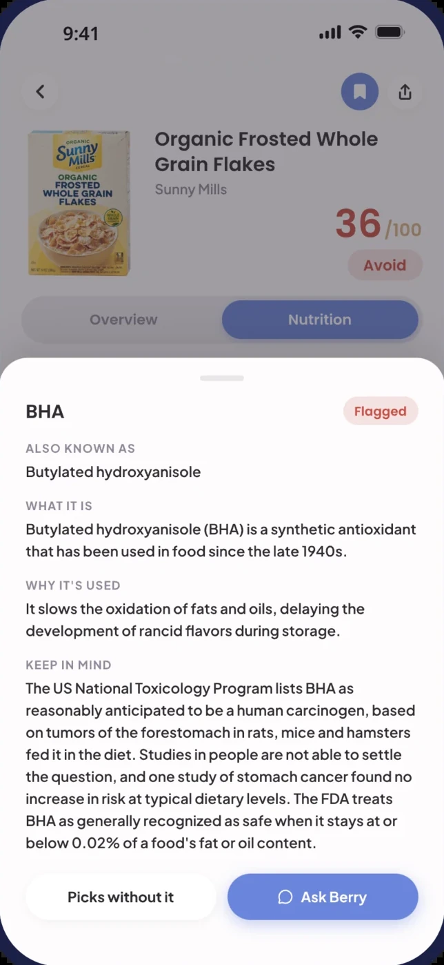 An ingredient sheet in Berry explaining BHA: what it is, why it's used, and what the research says, with a Flagged tag